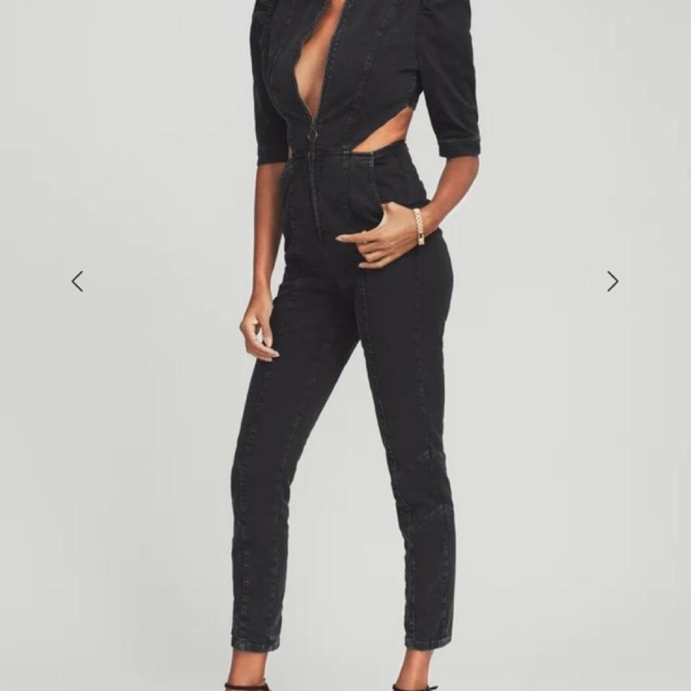 Retrofête Kiara black denim jumpsuit with cutout sides shoulder pads size small